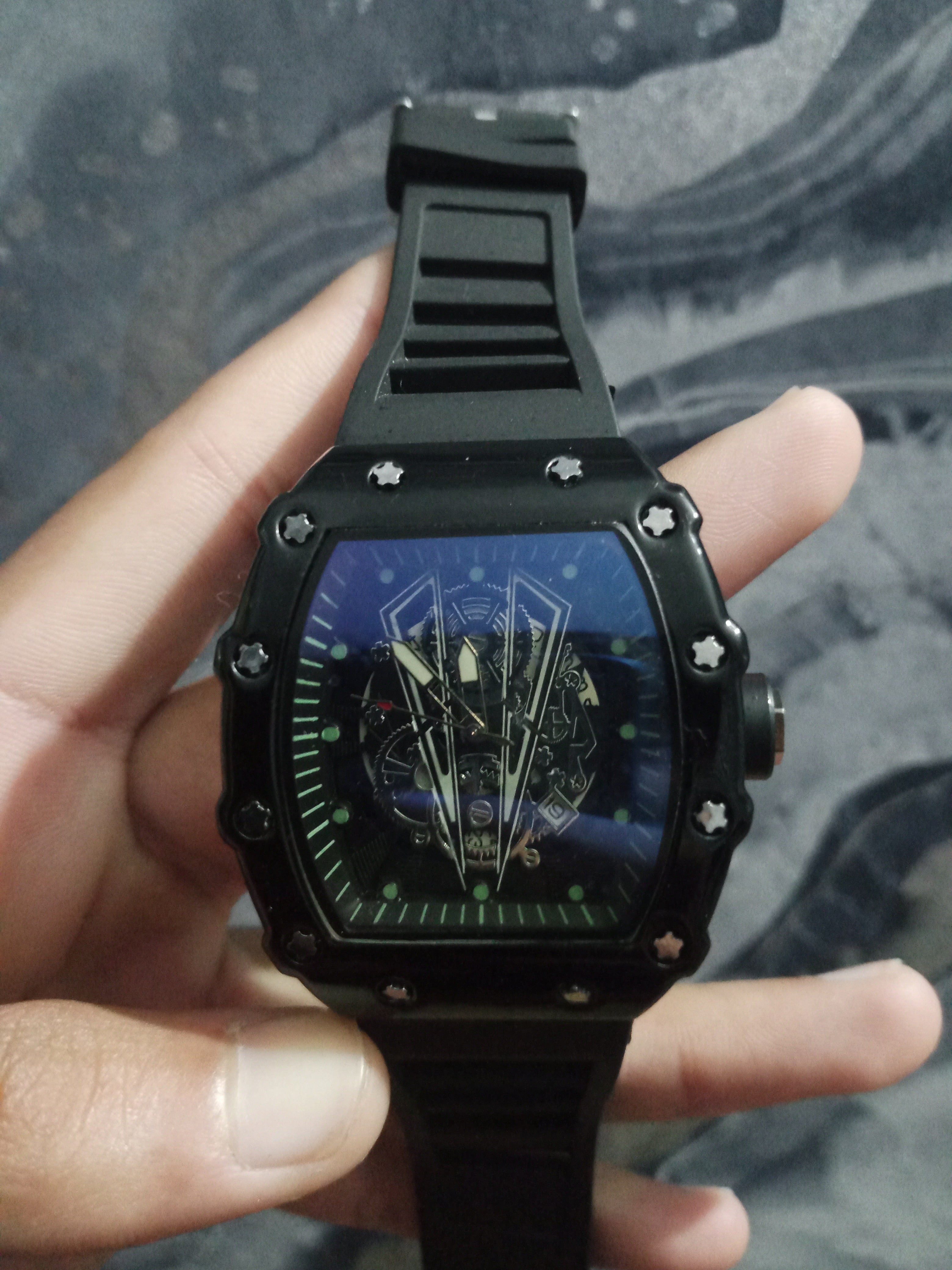 Richard Black Belt Skeleton Watch Black Rubber Strap