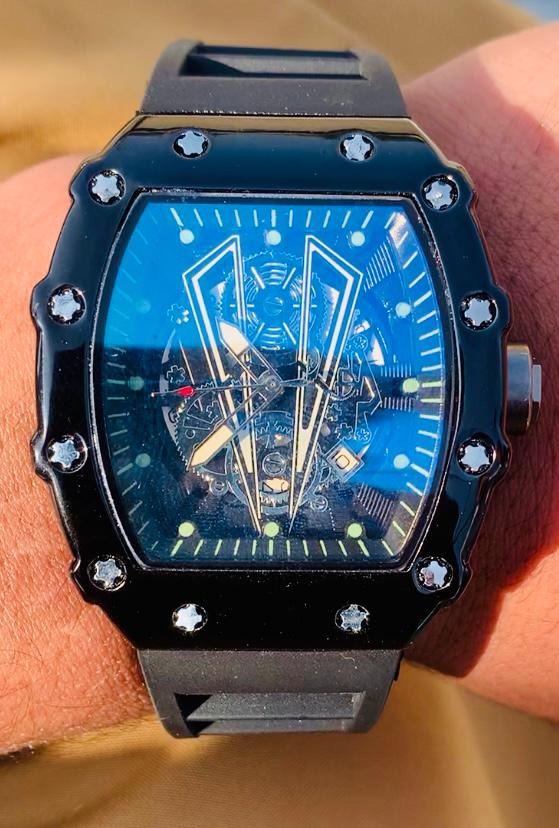 Richard Black Belt Skeleton Watch Black Rubber Strap