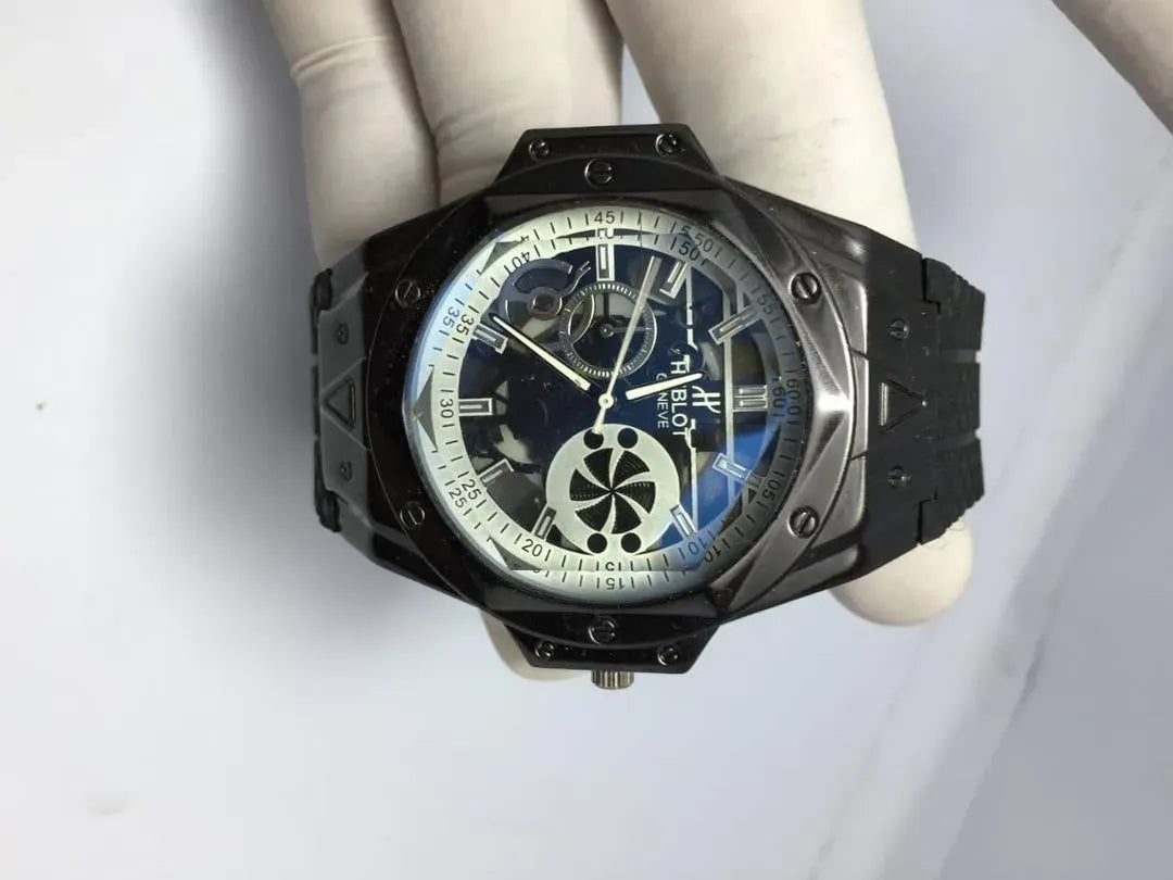 Men's Black Rubber Strap Skeletonized Watch with Turbine Sub-Dial