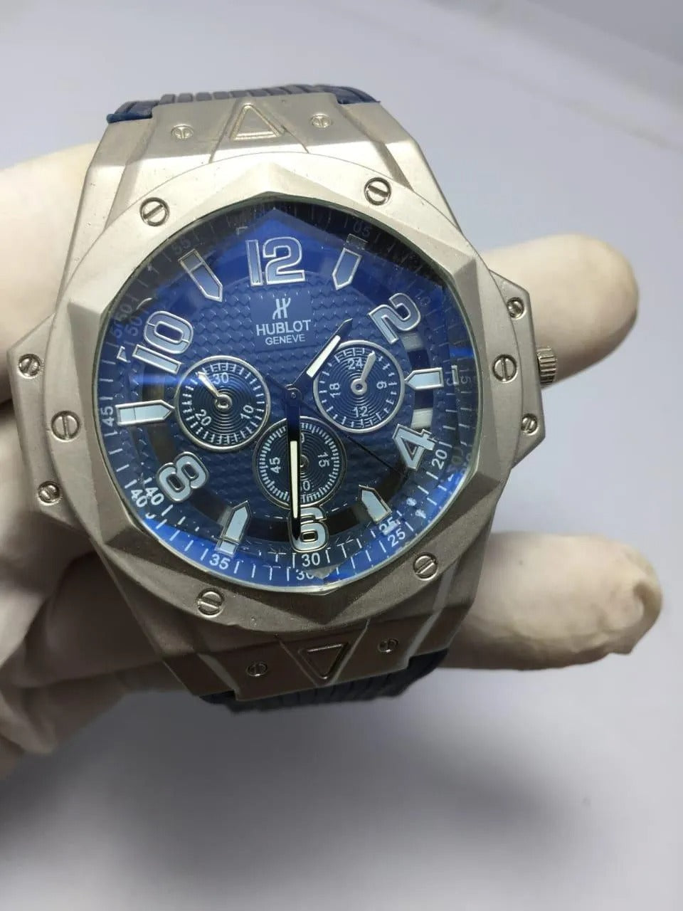 Men's Chronograph Watch Blue Dial Stainless Steel Hexagonal Strap
